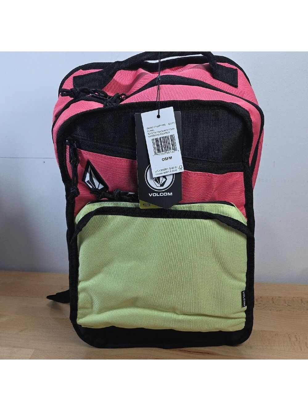 Volcom Black and Pink Backpack with Green Accent